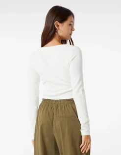 BERSHKA Top manches longues bord-côte texturé Noir Outlet