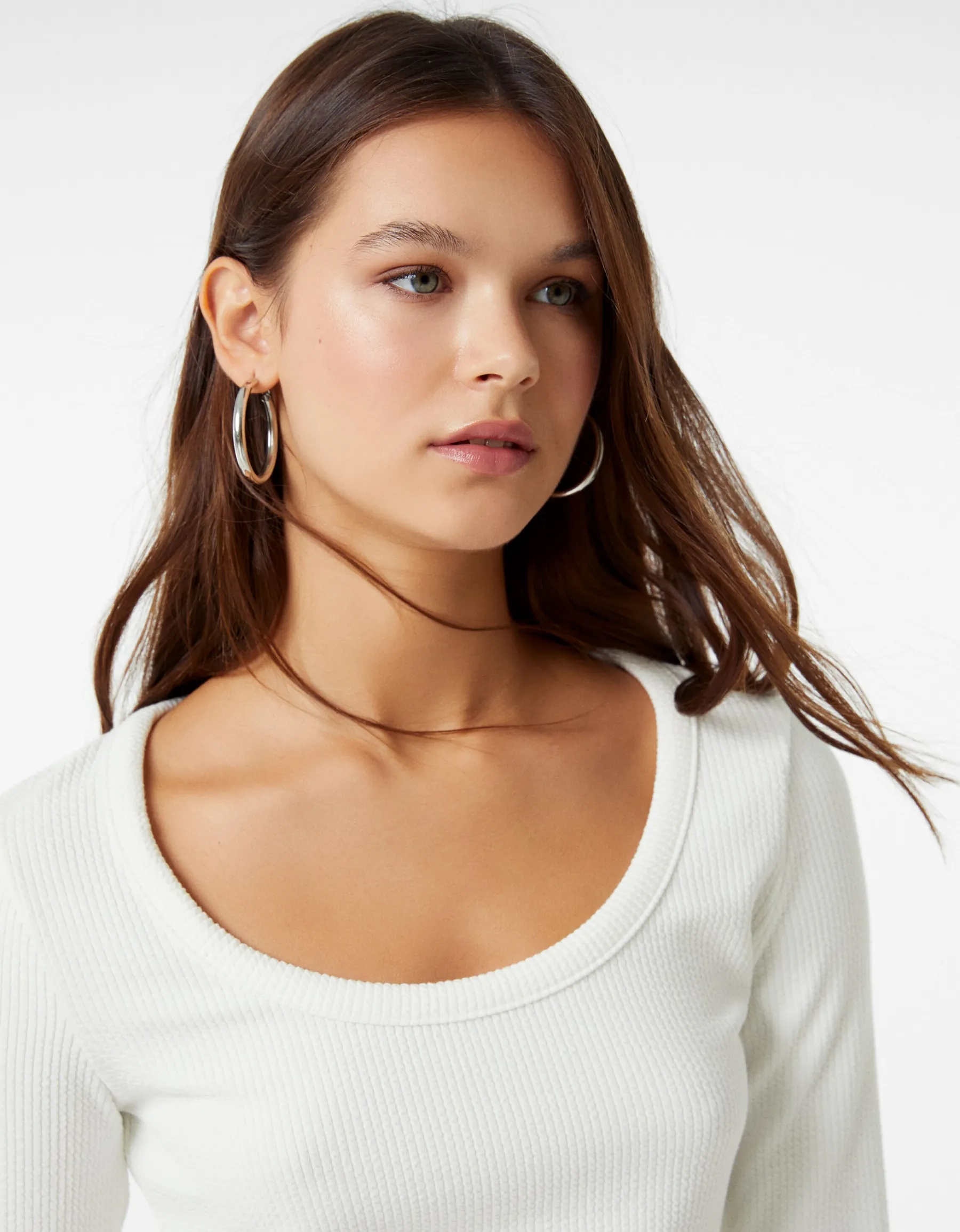 BERSHKA Top manches longues bord-côte texturé Noir Outlet