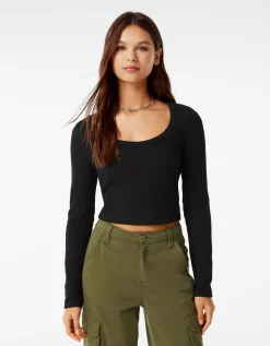 BERSHKA Top manches longues bord-côte texturé Noir Fashion