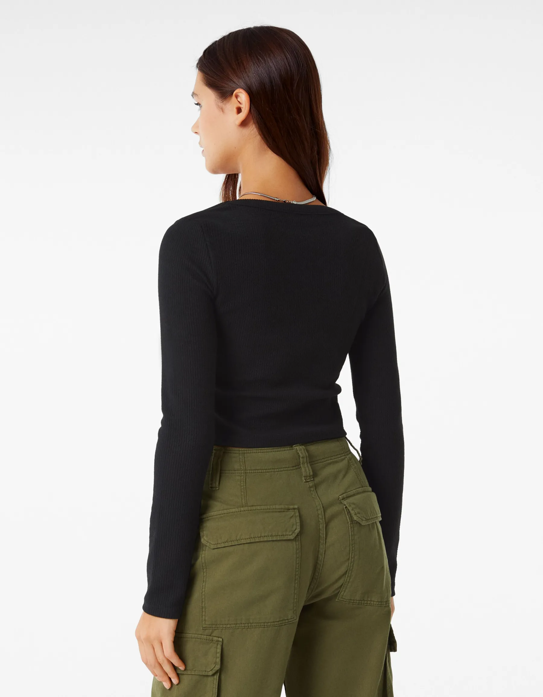 BERSHKA Top manches longues bord-côte texturé Noir Fashion