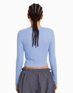 BERSHKA Top manches longues bord-côte Bleu clair Sale