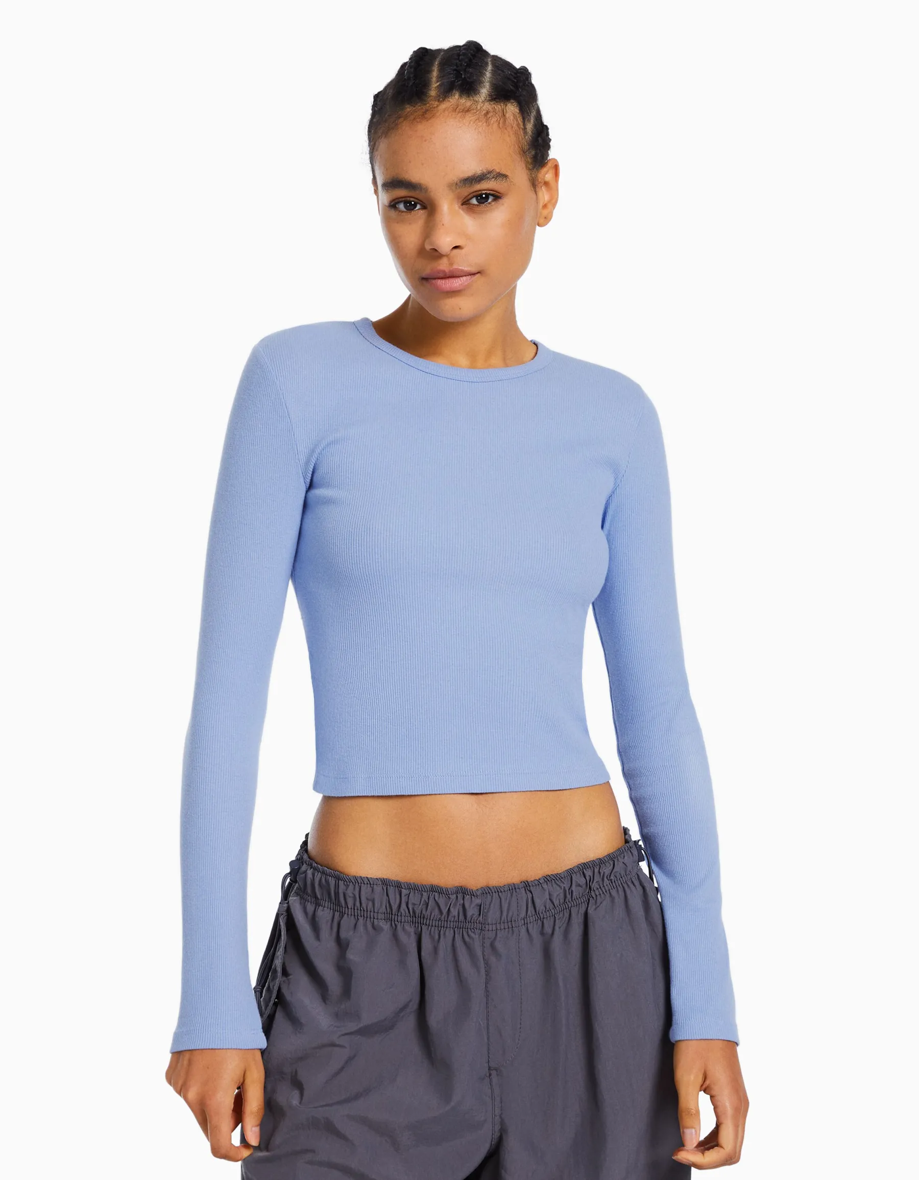 BERSHKA Top manches longues bord-côte Bleu clair Fashion