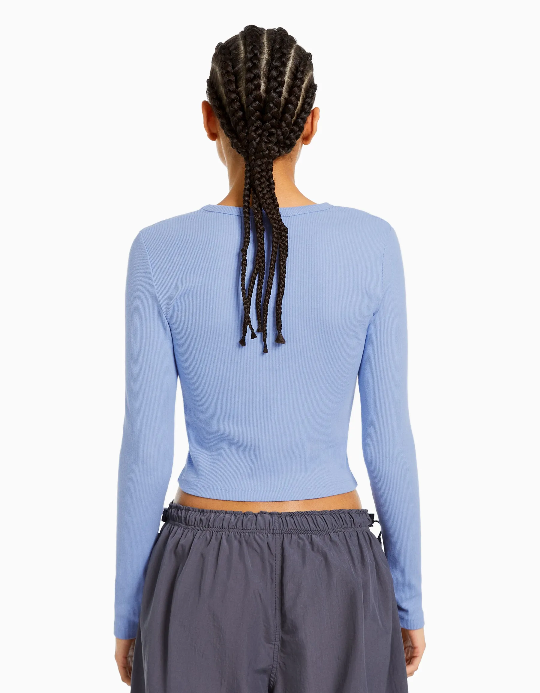 BERSHKA Top manches longues bord-côte Bleu clair Fashion