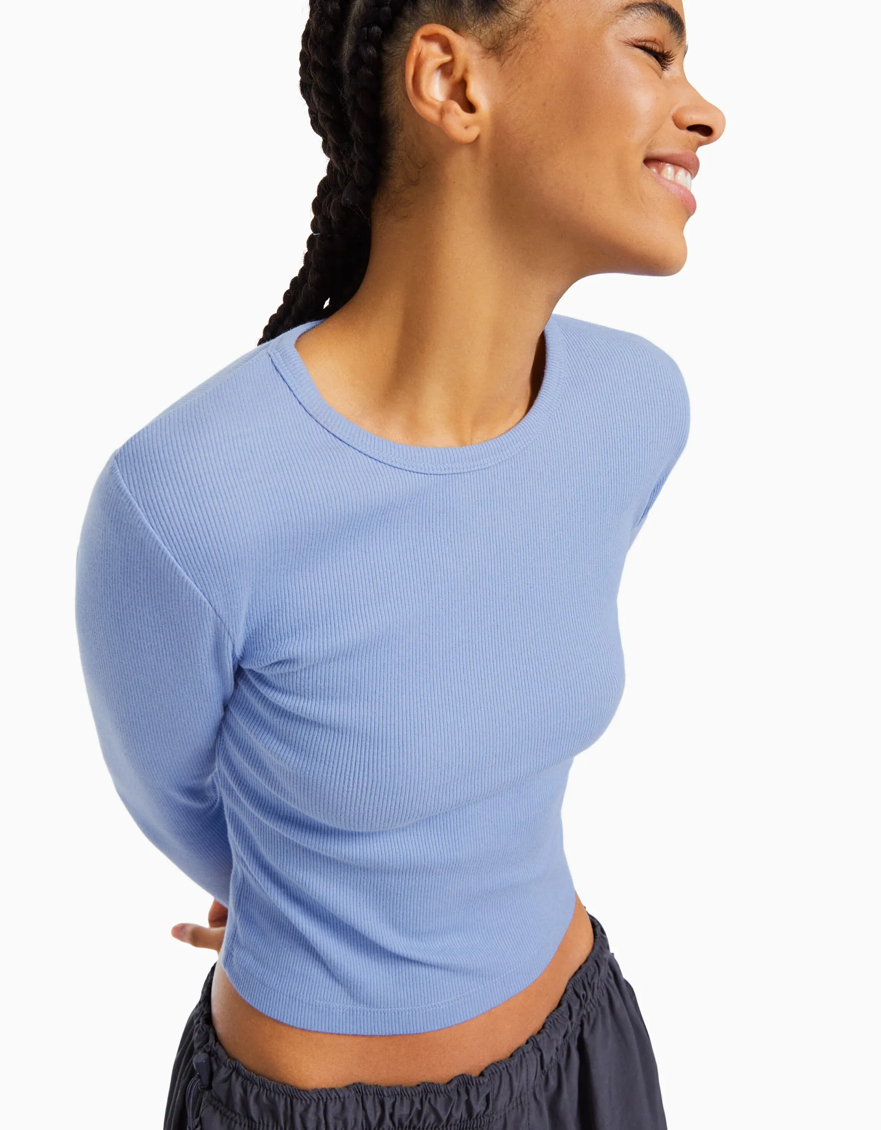 BERSHKA Top manches longues bord-côte Bleu clair Fashion