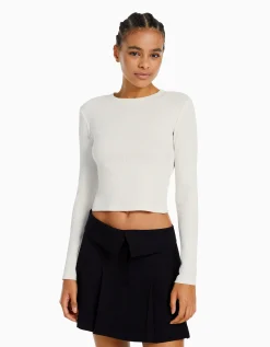 BERSHKA Top manches longues bord-côte Blanc Sale