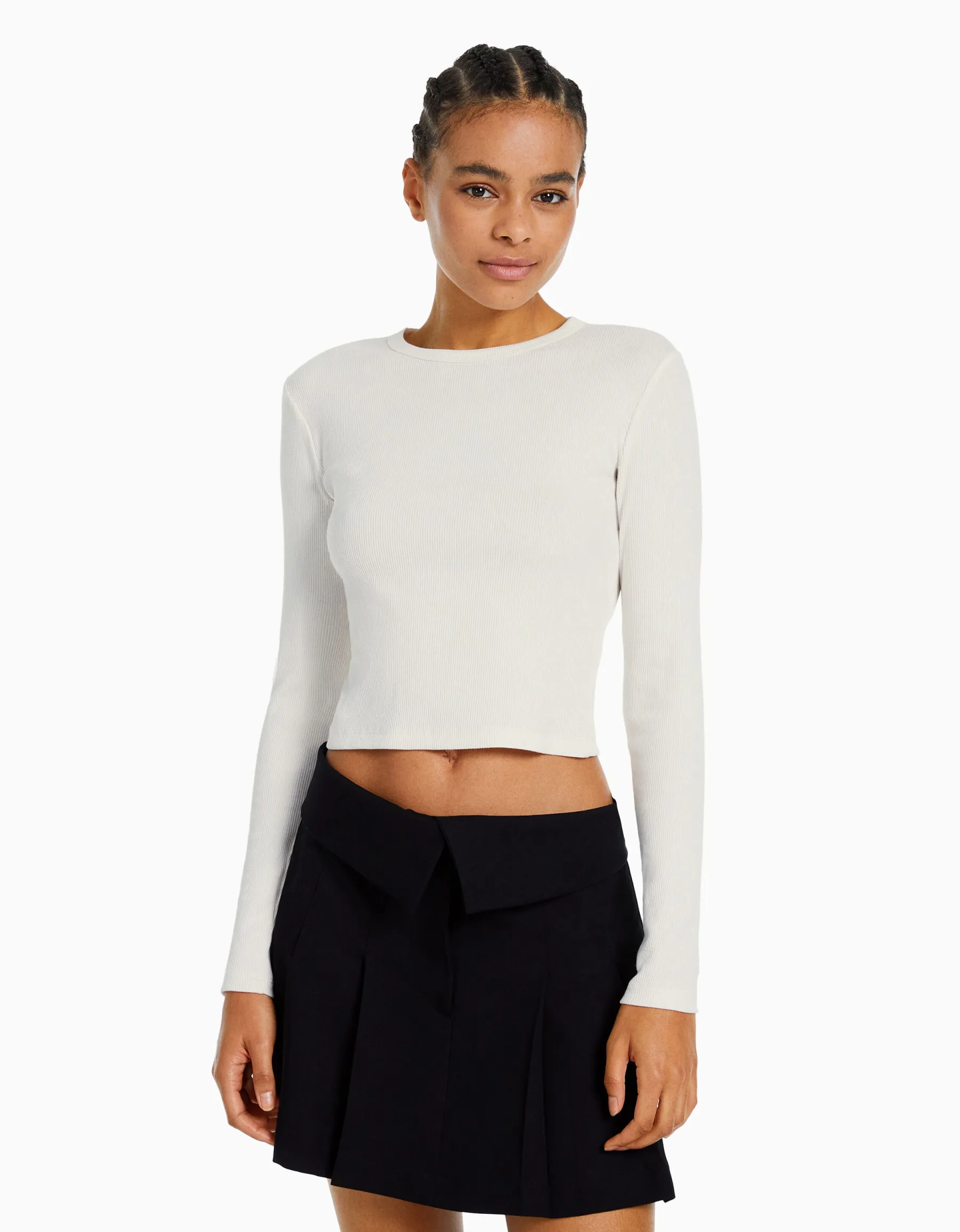 BERSHKA Top manches longues bord-côte Blanc Sale