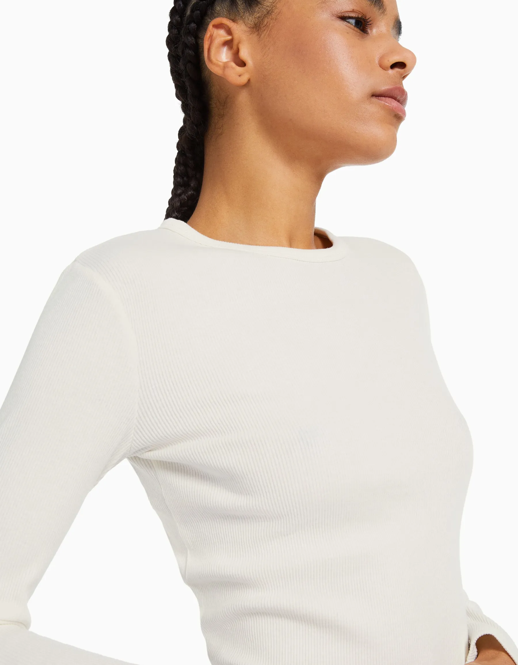 BERSHKA Top manches longues bord-côte Blanc Sale