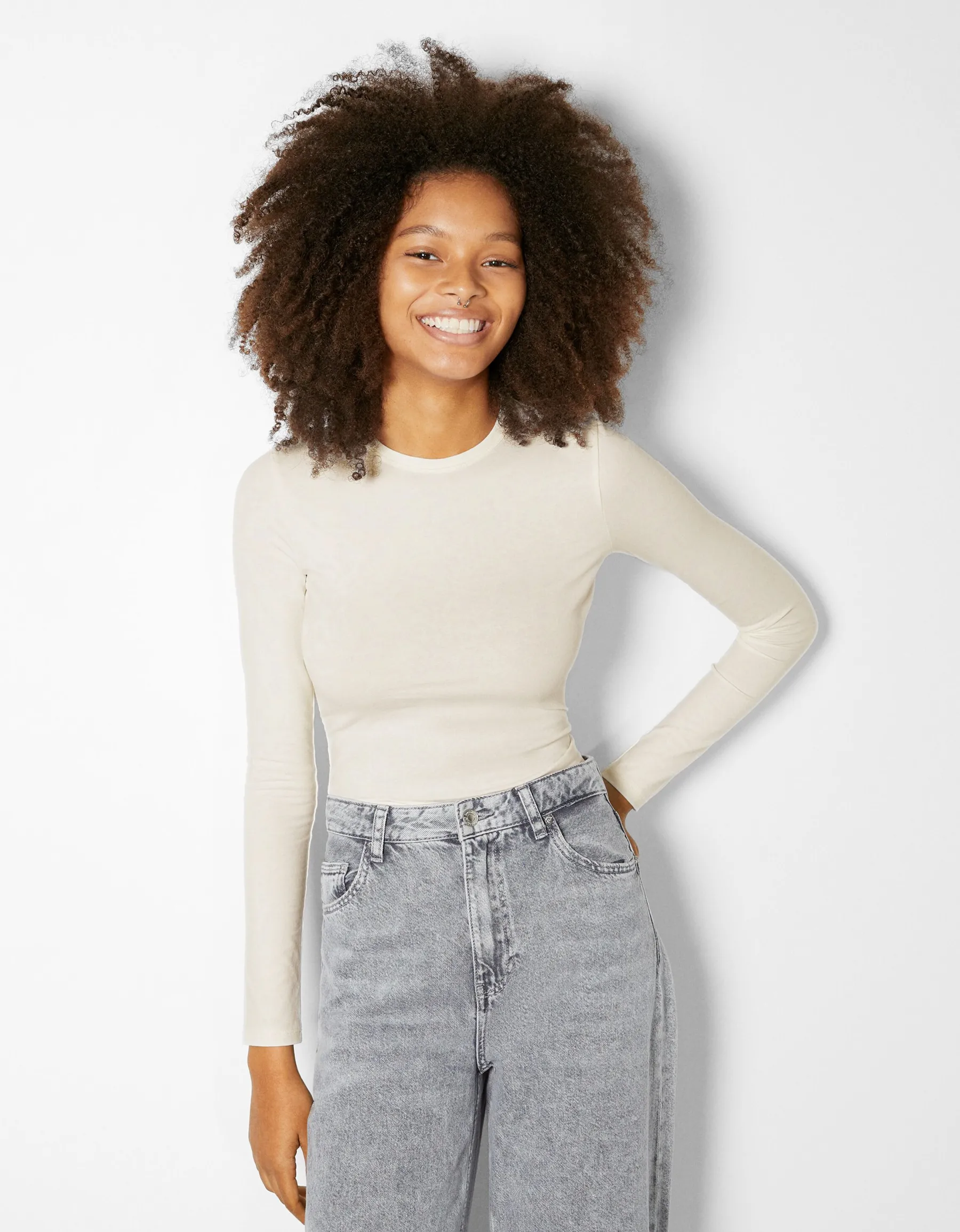 BERSHKA Top manches longues bord-côte Blanc cassé Fashion