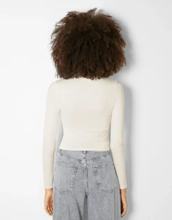 BERSHKA Top manches longues bord-côte Blanc cassé Fashion
