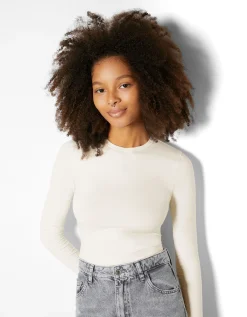 BERSHKA Top manches longues bord-côte Blanc cassé Fashion