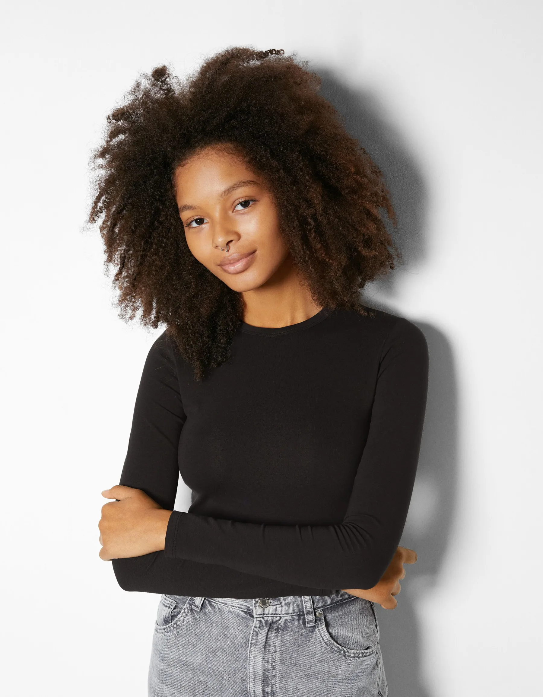 BERSHKA Top manches longues bord-côte Noir Shop