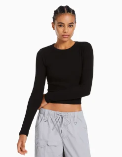 BERSHKA Top manches longues bord-côte Noir Online