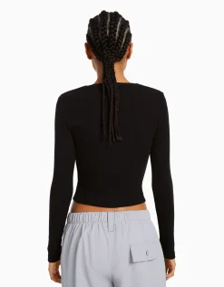 BERSHKA Top manches longues bord-côte Noir Online