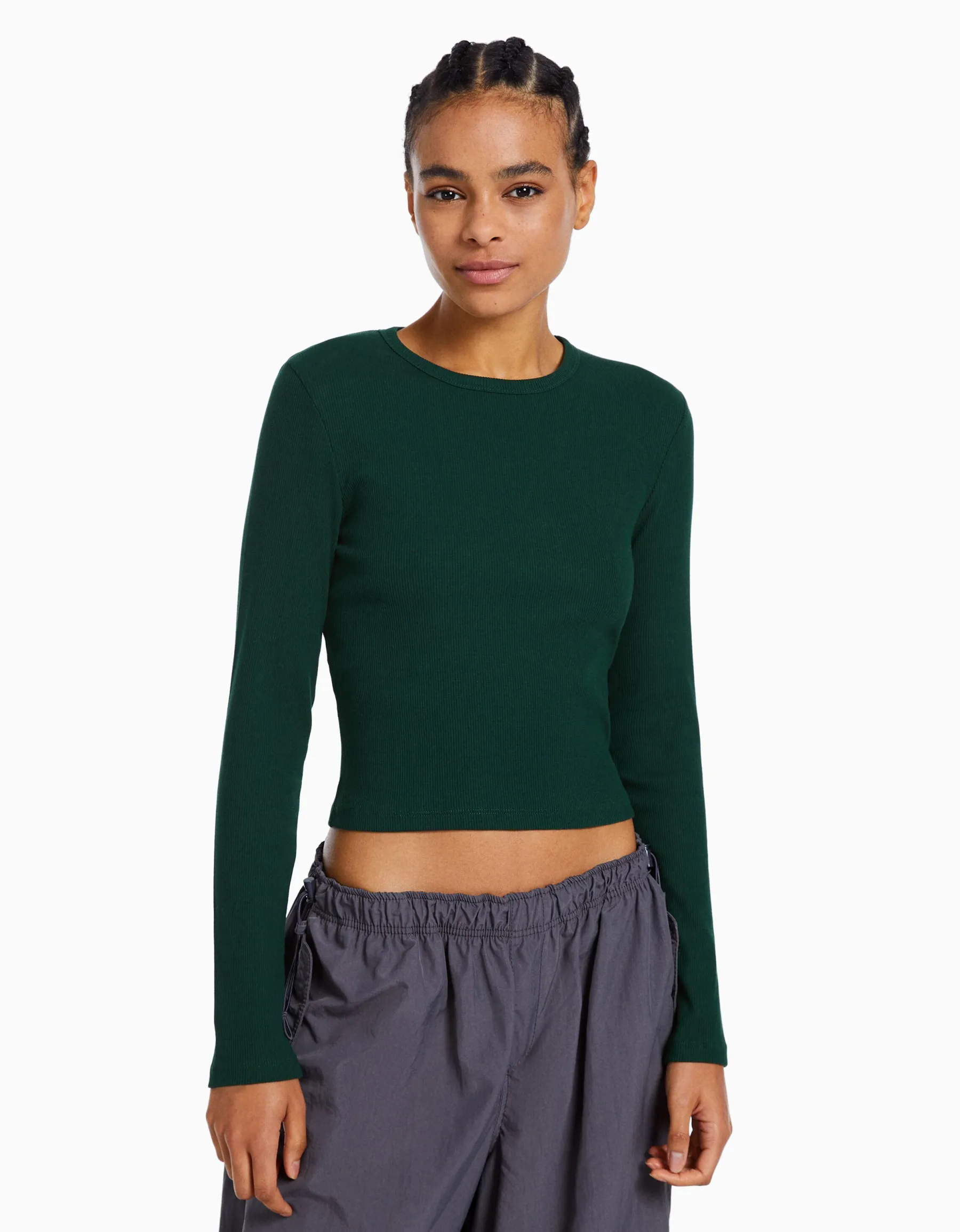BERSHKA Top manches longues bord-côte Vert Discount