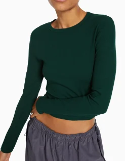 BERSHKA Top manches longues bord-côte Vert Discount