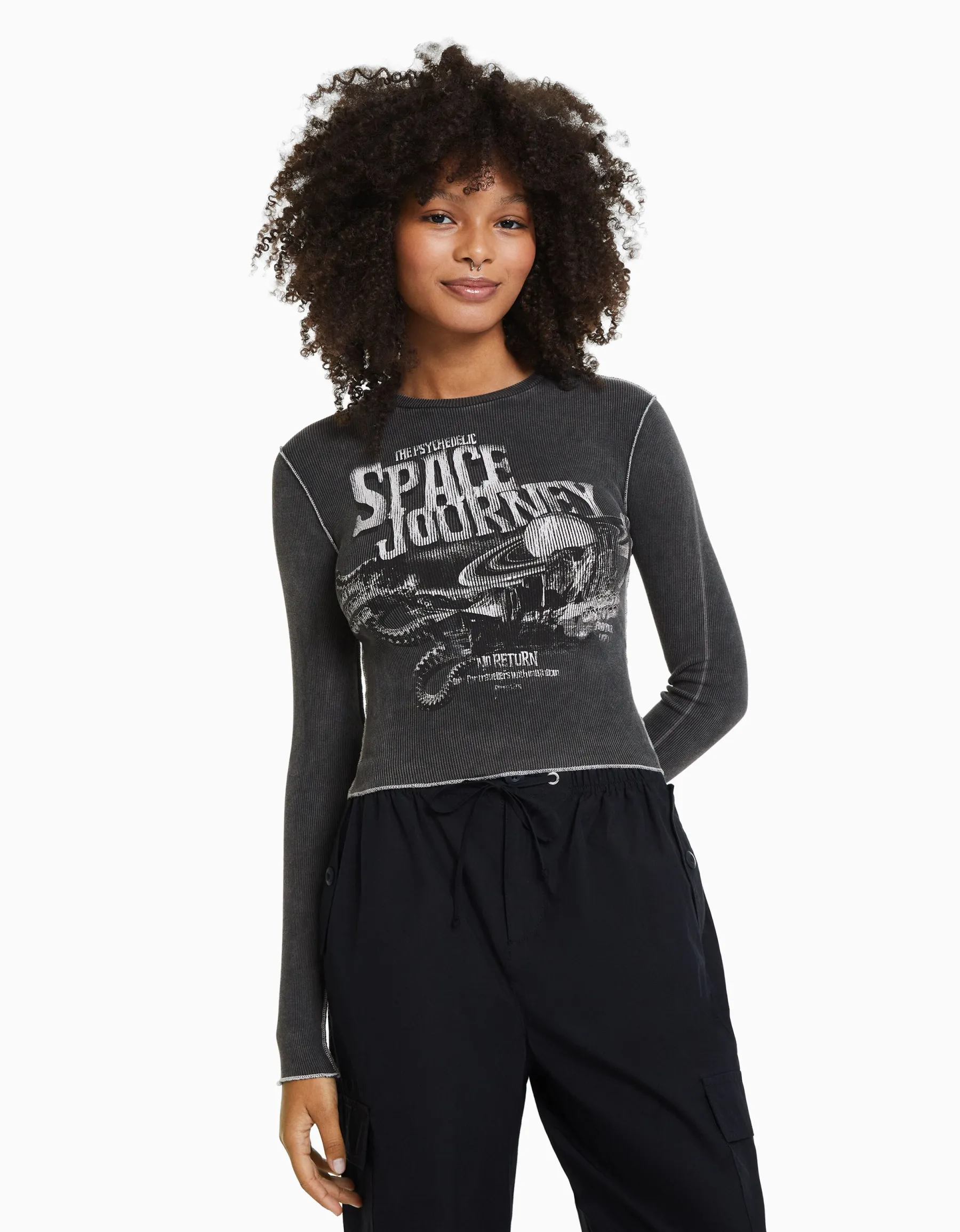 BERSHKA Top manches longues bord-côte Noir Clearance