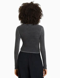 BERSHKA Top manches longues bord-côte Noir Clearance