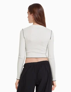 BERSHKA Top manches longues bord-côte Noir Best