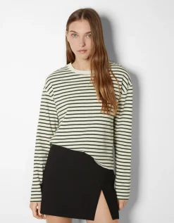 BERSHKA Top manches longues boxy fit rayures Vert Online