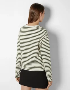 BERSHKA Top manches longues boxy fit rayures Vert Online
