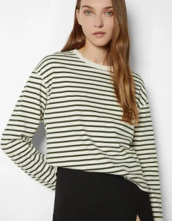 BERSHKA Top manches longues boxy fit rayures Vert Online