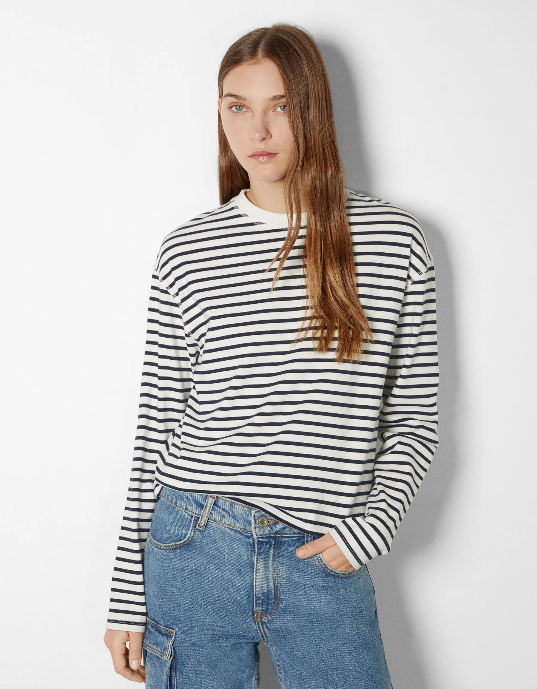 BERSHKA Top manches longues boxy fit rayures Vert Hot