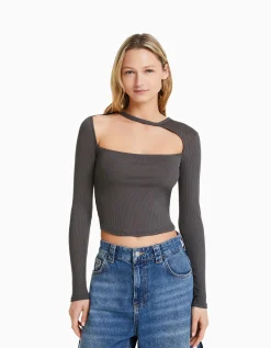 BERSHKA Top manches longues col asymétrique Noir Store