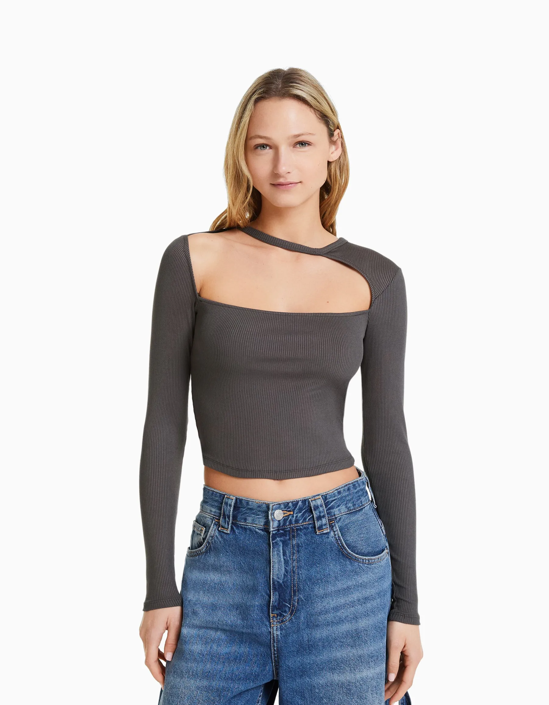BERSHKA Top manches longues col asymétrique Noir Store