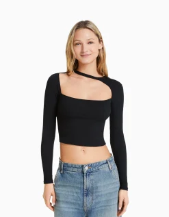 BERSHKA Top manches longues col asymétrique Noir Hot