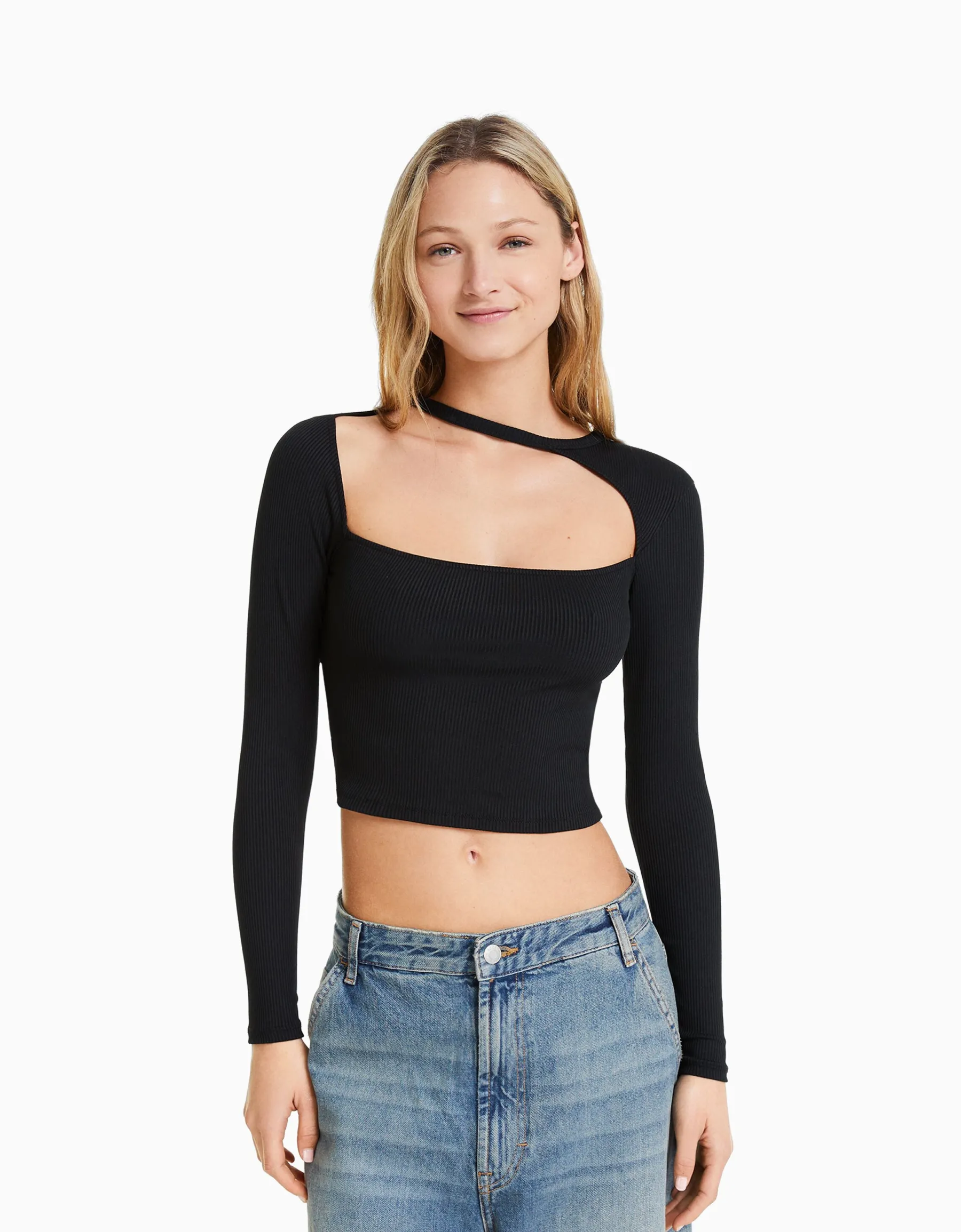 BERSHKA Top manches longues col asymétrique Noir Hot