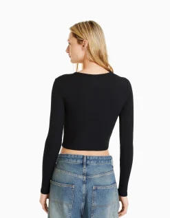BERSHKA Top manches longues col asymétrique Noir Hot