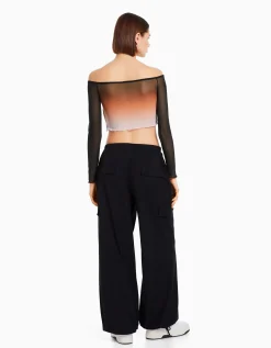 BERSHKA Top manches longues col Bardot tulle Rose Cheap