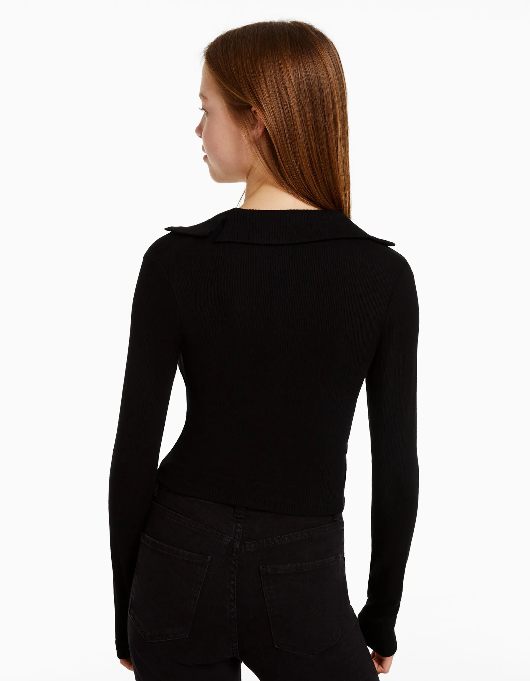BERSHKA Top manches longues col polo boutons Noir Discount