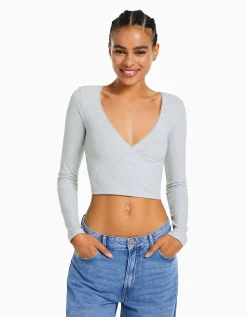 BERSHKA Top manches longues croisé Gris Fashion