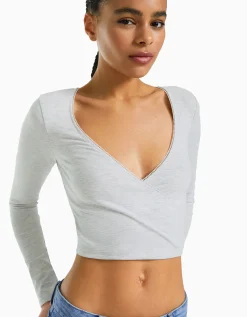 BERSHKA Top manches longues croisé Gris Fashion