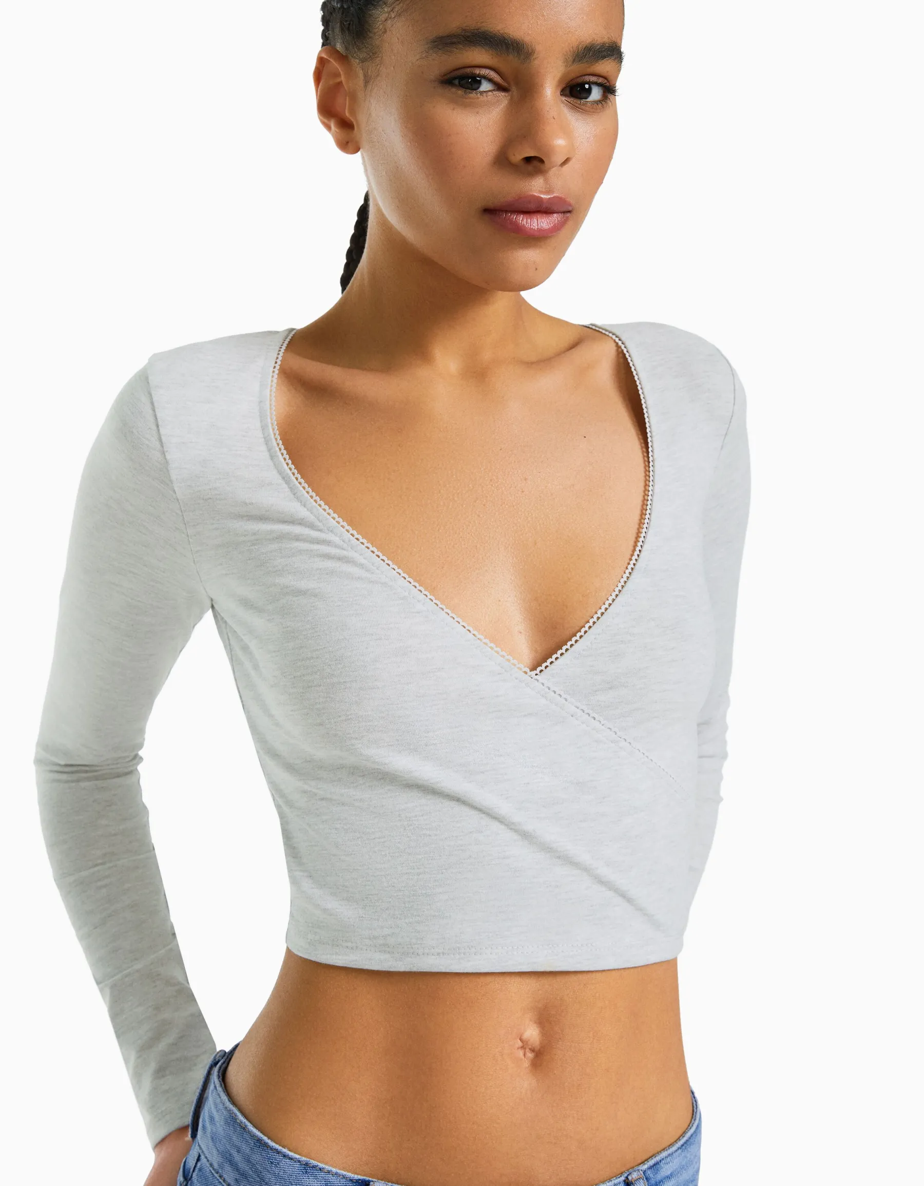 BERSHKA Top manches longues croisé Gris Fashion