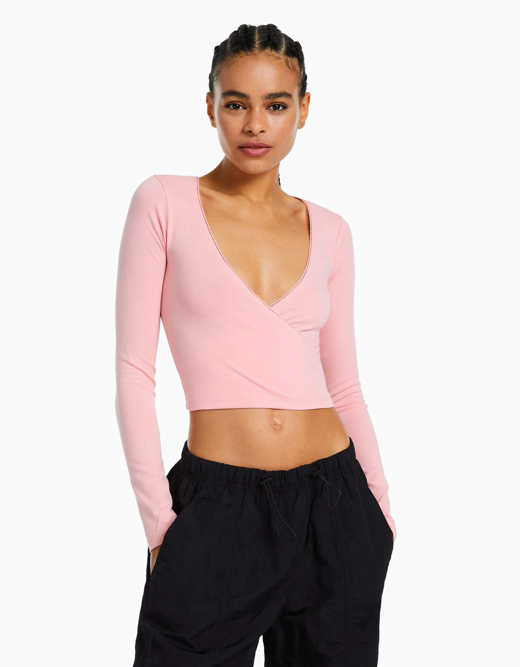 BERSHKA Top manches longues croisé Gris New