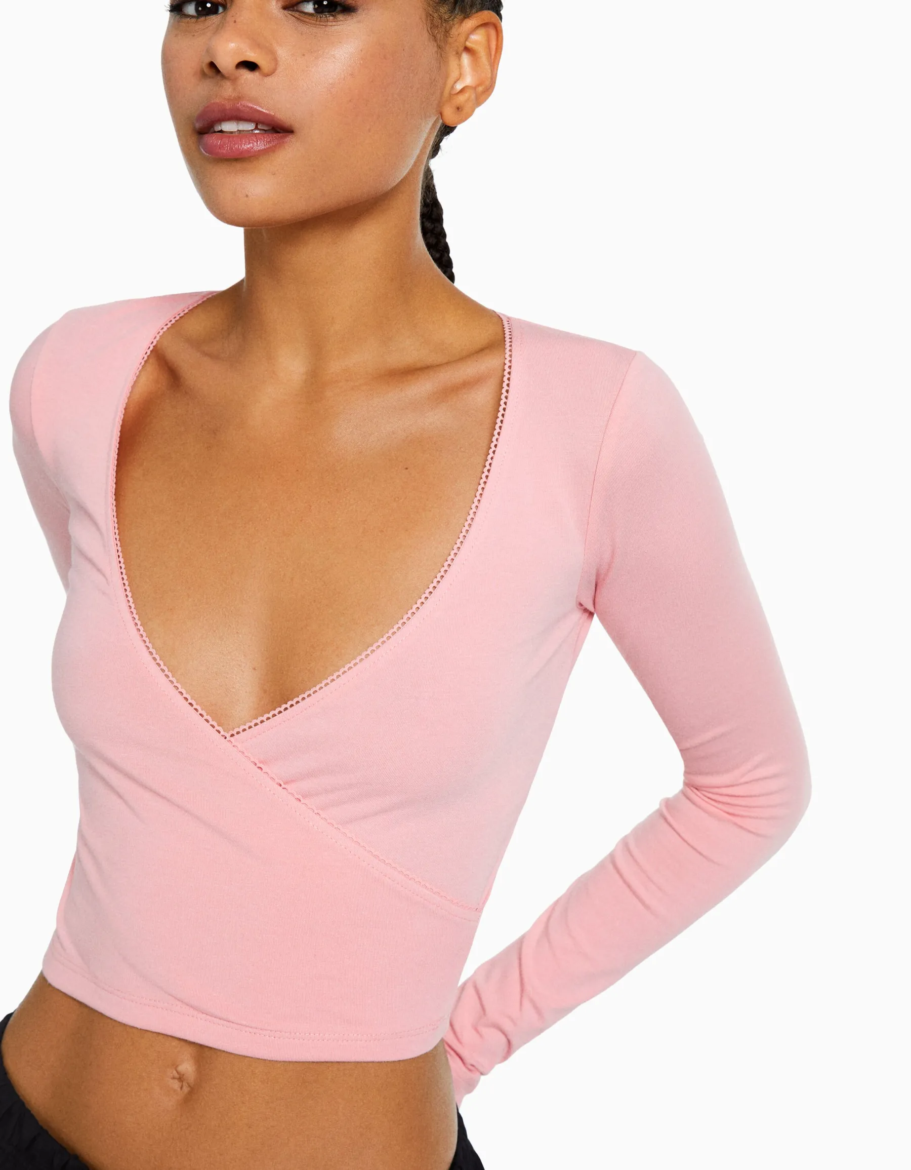 BERSHKA Top manches longues croisé Gris New