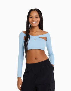 BERSHKA Top manches longues décolleté croisé Noir Discount