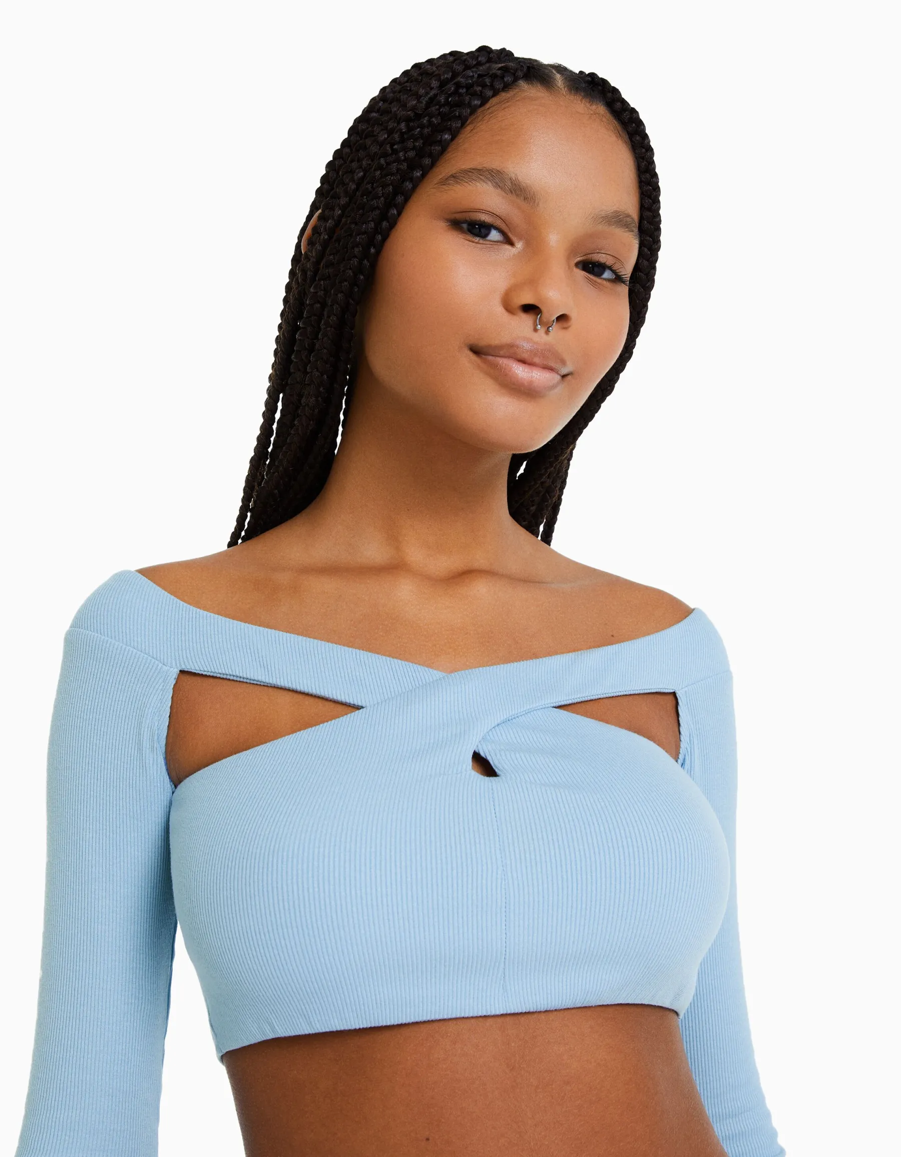 BERSHKA Top manches longues décolleté croisé Noir Discount