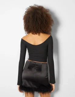 BERSHKA Top manches longues encolure en V Bleu Online