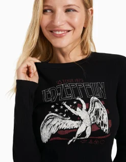 BERSHKA Top manches longues Led Zeppelin Noir Clearance