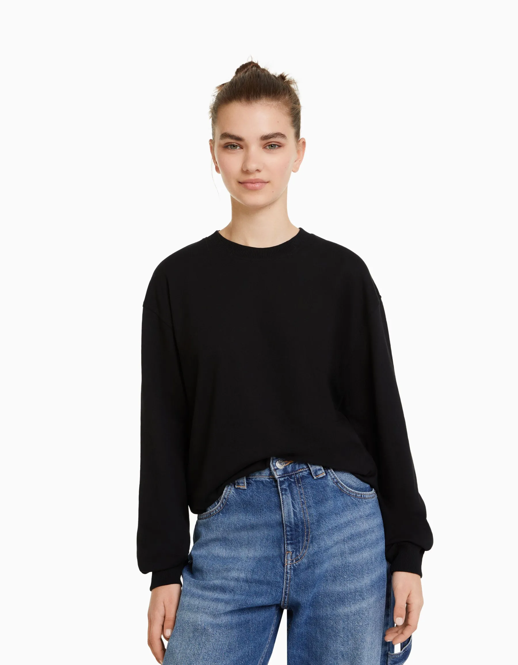 BERSHKA Top manches longues oversize imprimé Noir Clearance