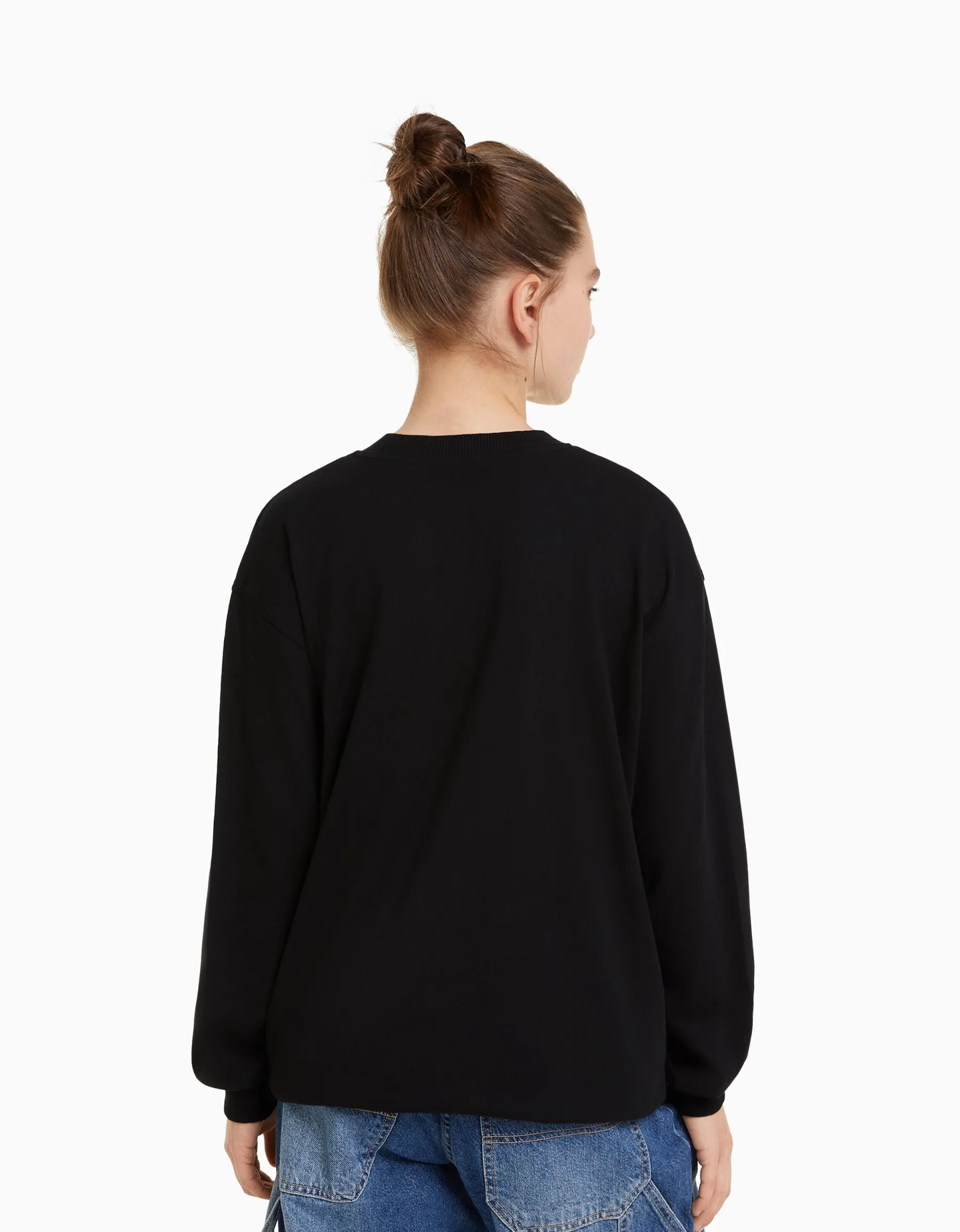 BERSHKA Top manches longues oversize imprimé Noir Clearance