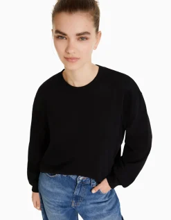 BERSHKA Top manches longues oversize imprimé Noir Clearance