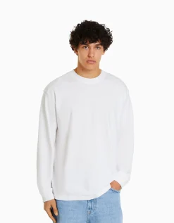 BERSHKA Top manches longues oversize imprimé Blanc Best
