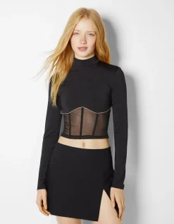 BERSHKA Top manches longues strass Noir Sale