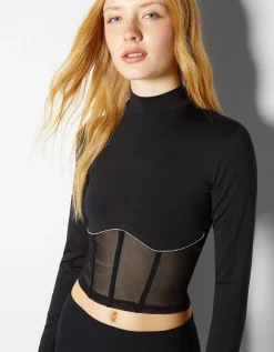BERSHKA Top manches longues strass Noir Sale