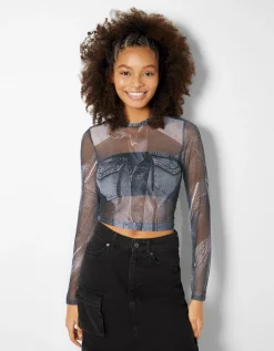 BERSHKA Top manches longues tulle effet denim Gris Online