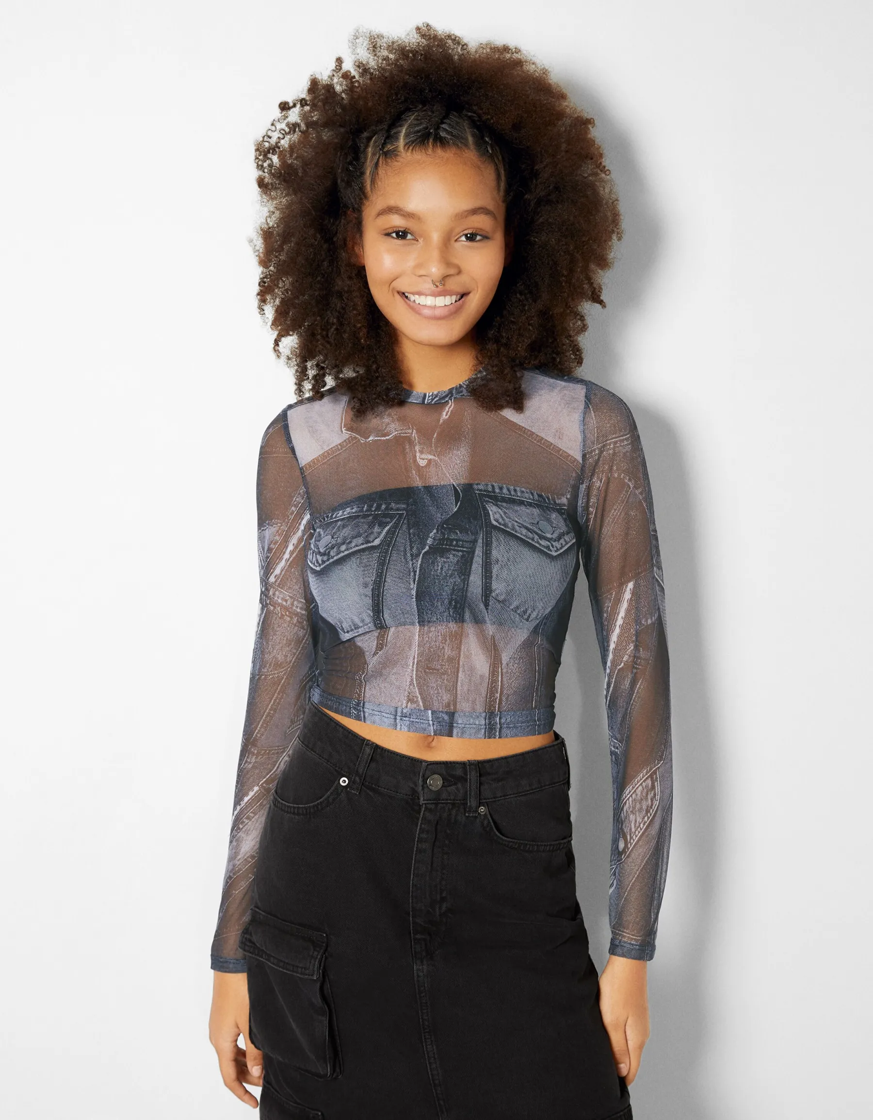 BERSHKA Top manches longues tulle effet denim Gris Online